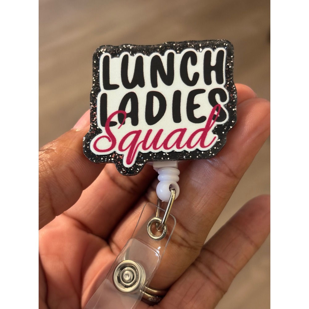 Lunch Ladies Squad Badge Reel Black Glitter ID Holder School Cafeteria